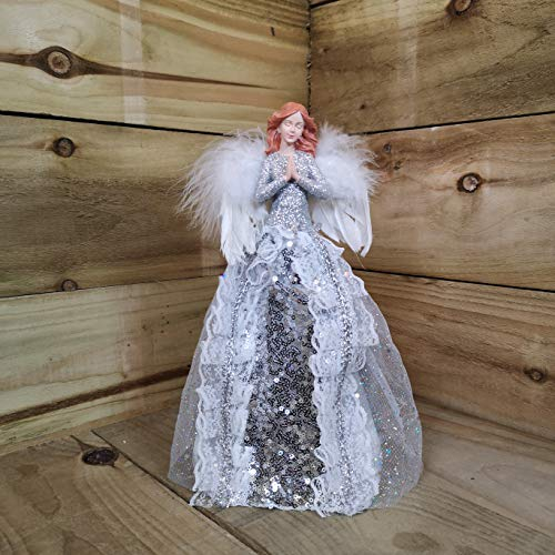Premier, Puntale per albero di Natale a forma di angelo, 28 cm, colore argento, con ali di piume