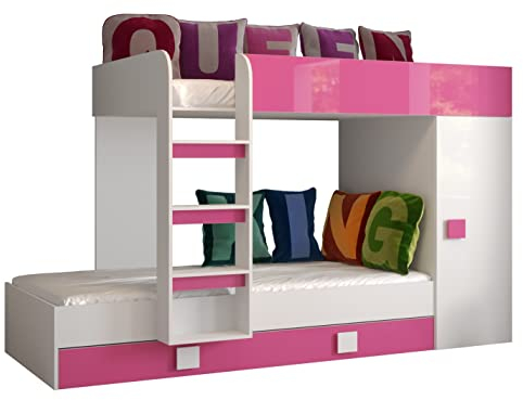MEBLE KRYSPOL Toledo 2 Hochbett für Kinder, Jugendliche mit Stauraum - Etagenbett mit Schreibtisch, Kleiderschrank, Regal, Schubladen, Treppe - 254x94x165 cm - Weiß, Rosa, Weiß + Rosa