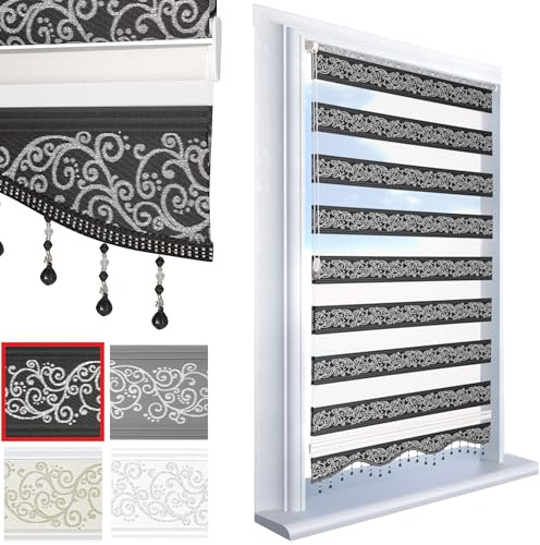 Brillant Doppelrollo Klemmfix ohne Bohren Schwarz Silber 200 x 100 cm (Länge x Breite) Duorollo Blickdicht mit Perlen, glitzert, Raffrollo Fenster Tür Zebra Perde Klemmrollo Seitenzugrollo
