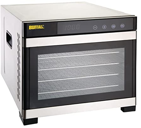 Buffalo 550-650W 6 Tray Mini Dehydrator, Stainless Steel & Black, Digital Timer & Door, Adjustable Temperature 35°C to 75°C in 5 Degree Increments, DB234