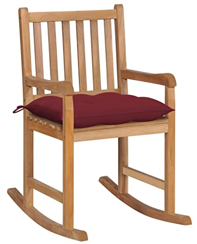 vidaXL Teak Massiv Schaukelstuhl mit Weinrotem Kissen Schaukelsessel Gartenmöbel Sessel Stuhl Relaxstuhl Gartenstuhl Schwingsessel Holzstuhl