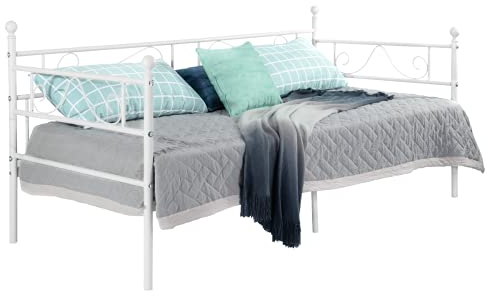 FURNITABLE Metal Bed 3ft Single Day Bed Frame Guest Sofa Bed Daybeds for Living Room Bed Room Fits for 90 * 190 cm Mattress White