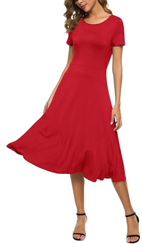 EXCHIC Damen Casual Rundhals A-Linie Kurzarm Midi Kleid Sommer Stretchy Knie Langes Freizeitkleider(M, Rot)