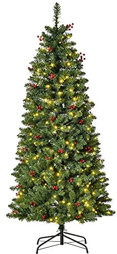HOMCOM 5FT Prelit Artificial Pencil Christmas Tree with Warm White LED Light, Red Berry, Holiday Home Xmas Decoration, Green