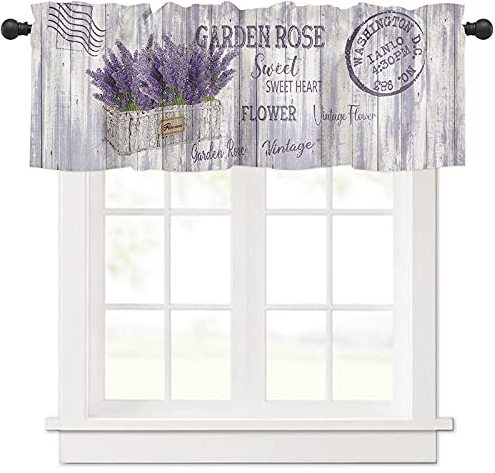 Lila Lavendel Blumen im Blumentopf Vorhang Volant für Fenster/Wohnzimmer/Küche/Badezimmer/Bauernhaus, Vintage-Stempel, Holztextur, kurze Stangentasche, Fensterbehandlung, 1 Paneel, 137 x 45 cm
