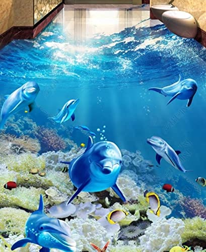 3D Badezimmer Schlafzimmer Wohnkultur Kindertapete Tropischer Fisch Delphin 3D Boden Für Kinderzimmer Tapete Selbstklebende Pvc 3D Bodenbelag Moderne Tapete,400X280Cm Wanddeko Wandsticker Set Für Ba