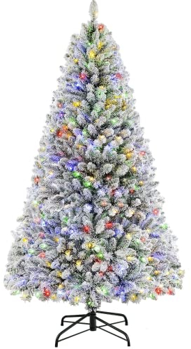 SHareconn 6ft Pre-Lighted Faux Hinged Snowflake Flocked Christmas Tree with 470 Warm White/Multi-Colored Lights, Foldable Metal Stand, Lifelike, Perfect for Home Office Christmas Ornaments, 182CM