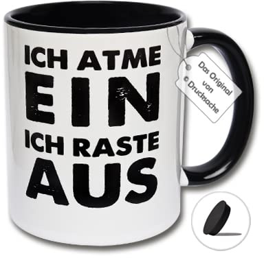 Lustige Tasse, Kaffeetasse, Tasse mit Spruch ICH ATME EIN ICH RASTE AUS Geschenkidee Kollegen (B: Schwarz-Weiße Tasse inkl. schwarzem Tassendeckel)