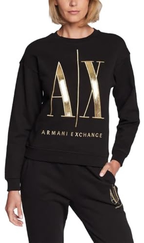 Armani Exchange Damen Icon, Maxi Embroidered Gold Logo, Cuffed Sleeves, Black, Large Sweatshirt, Schwarz, L EU