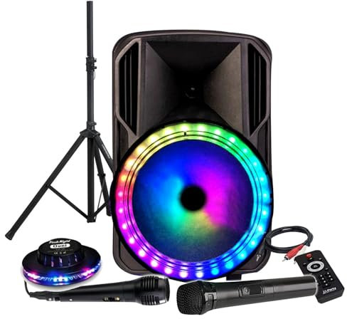 Enceinte KARAOKE 700W sono DJ PARTY Batterie 12 à LED RGB USB/MICRO SD/Bluetooth/RADIO FM/PC + Micro VHF + OVNI Ufo, PIED