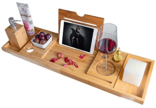 Samnuerly Premium-Badewannenablage, erweiterbarer Bambus-Badewannen-Caddy mit Tablett- und Buchhalter aus Holz, Weinglasschlitz-Badewannen-Tisch-Caddy Gi