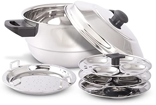 KSJONE Stainless Steel 5 pcs Multi Kadai (Induction Friendly) with Stainless Steel lid, 3 idli Plates (12 Idlis), 1 patra Plate, Silver