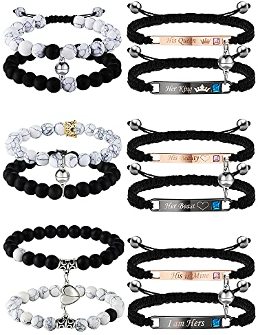 FARUTA 12 Stück Magnetische Paare Armband His Queen Her King Armbänder Set Gegenseitige Anziehung Distanz Armband Naturstein Perlen Armband Set für Freund Freundin Frauen Männer Liebhaber Freunde