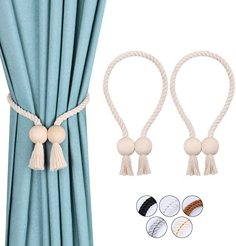 OCIOLI 2 Stück Starke magnetische Vorhang-Raffhalter, Raffhalter für vorhänge, gardinen Raffhalter, Raffhalter magnetisch, handgewebt Raffhalter, Vorhang Raffhalter (Beige - Ball, 2)