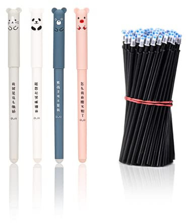 LOREC 8 Stück Cartoon Radierbarer Kugelschreiber Schwarz mit 40 Stück Nachfüllungen 0.35mm Tintenroller Radierbar Erasable Pen Löschbarer Gelstift Panda Gelschreiber Radierbar für Kinder Studenten