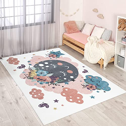 carpet city Teppich Kinderzimmer Mond - Creme, Multi - 120x160 cm - Kinderteppich Kurzflor mit Wolken, Blumen, Sterne - Weicher Flor