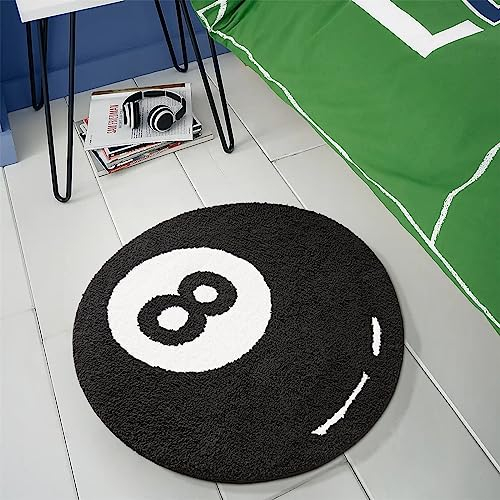 Estmy Schwarzer Teppich mit 8 Bällen, niedlich, einzigartig, cool, lustig, 91 cm, runder Teppich für Schlafzimmer, Badezimmer, Wohnzimmer, Akzentbodenteppich, lustiges Geschenk für Billardliebhaber