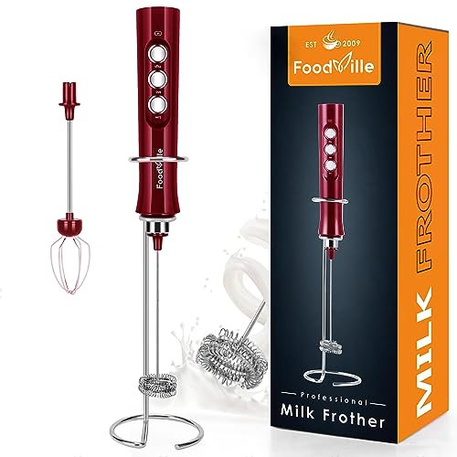 FoodVille MF02 Rechargeable Milk Frother Handheld Foam Maker with Stainless Whisk for Cappuccino, Latte, Bulletproof Coffee, Keto Diet, Protein Powder, Matcha (Viva Red)