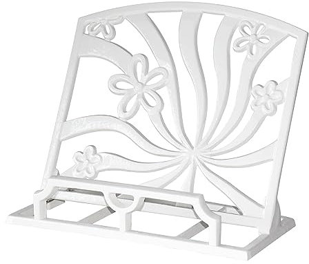 MINLUFUL Elegant Cookbook Stand Cast Iron, Kitchen Decorative Metal Recipe Book Holder for Bible, Prayer Book Stand, Magazine, Textbooks, Vintage Cookbook Stand for Kitchen Counter, White