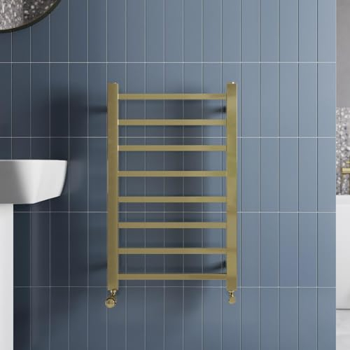 Solaro® 800 x 500mm Square Bar Straight Heated Towel Rail Radiator Modern Central Heating Bathroom Warmer Wall Mounted Ladder Rad, Brushed Brass