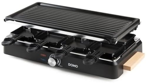 DOMO DO9262G Steingrill/Raclette-Grill - Wooden Design - Inklusive Raclettepfännchen und Holzspatel - 8P - 1400 W