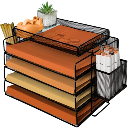 PLSOPPKG Wire Mesh in Trays, 5 Tier Metal Mesh Letter Tray Desk Organisers, Stackable Office Tidy File Holder With Top Stationery Holder, Desk Organiser for Office, School and Home