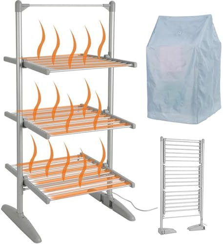 300 W Elektrisch Beheizter WäSchestäNder Aus Aluminium Mit Abdeckung,Drinnen Flach Zusammenklappbar -3-Stufiges Design-36 Schienen 147Cm-45–55°C Konstante Temperatur-Tragkraft 30 Kg ,Silver