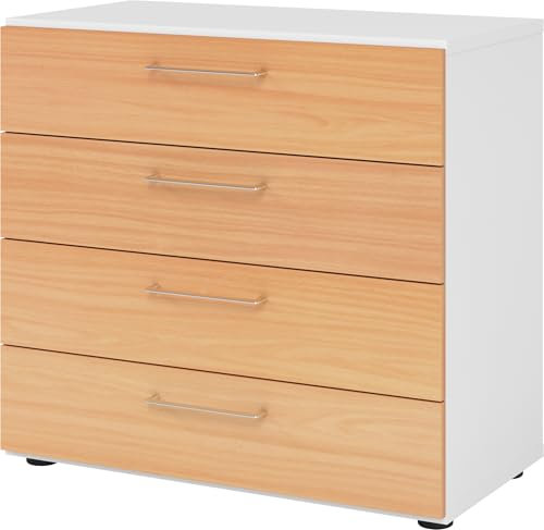 bümö smart Schubladenschrank, Büroschrank 80cm breit in Weiß/Buche mit 4 Schüben - Bürocontainer aus Holz, Container mit Metallgriffen & Soft-Stop Schubladen