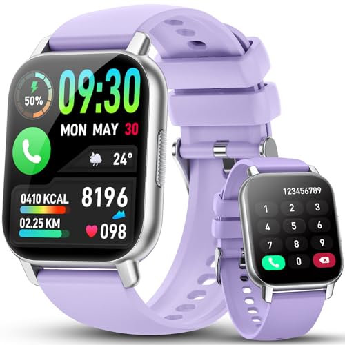 Smartwatch Damen Herren mit Telefonfunktion, 1.85'' Zoll HD Smart Watch, 112+ Sportmodi Sportuhr mit Pulsuhr/Schlafmonitor, IP68 Wasserdicht Fitnessuhr mit Information Erinnerung für iOS Android Lila