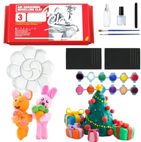 CXAFQ Air Dry Clay Pottery Kit for Kids,Craft Kit Includes Paint, Tool Set, Paintbrushes,Step-by-Step Guide,White mud,Color Palette Moisturizing Spray Bottle,Sandpaper,Bright Light Oil