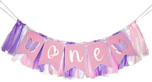 jijAcraft One Hochstuhl Banner, Rosa Lila One Hochstuhl Banner, Baby Mädchen First Geburtstags Banner Girlande, Beste Prinzessin Foto Requisiten für Babys 1st Birthday Party Deko