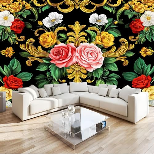 Papel pintado impreso panorámico Lujosas Flores Barrocas Papel pintado fotográfico no tejido 300 x 210 cm para sala de estar Habitación infantil Restaurante Apartamento Verde Dorado