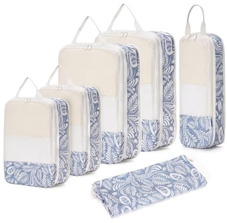Narwey 6 Teilige Kompression Koffer Organizer, Compression Packing Cubes Backpack Koffer Organizer Set Kompression Packwürfel Rucksack, Kofferorganizer Travel Essentials for Damen (Blaues Blatt)