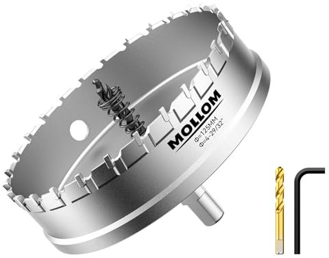 Mollom (125mm | 4-29/32) Scie cloche en carbure pour usage intensif avec 2 forets pilotes, coupe l'acier inoxydable, l'acier doux, le fer, le cuivre, le laiton et le plastique