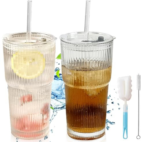 BAIFULAI 2 Stück 600ml Bubble Tea Becher, Glas mit Deckel und Strohhalm, Transparente Gestreifte Glas-Wasserbecher mit Strohhalmbürste und Becherbürste, für Eiskaffee Saft Smoothie Wasser Tee