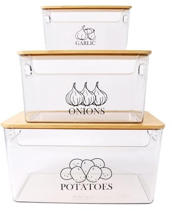 Kartoffel Aufbewahrungsbox 3er Set Kartoffel Zwiebel Knoblauch Aufbewahrung,Zwiebelbox mit Holzdeckel Stapelbare Gemüsebox zum Aufbewahren von Gemüse und Obst in der Küche, transparenter Kunststoff