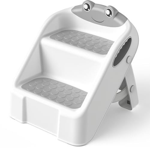 Toddler Step Stool, 2 Toilet Steps for Toddlers with Safety Handles, Foldable Step Stool for Kids with Non-Slip, Toilet Stool for Potty Training, Bathroom Sink, Bedroom, Kitchen Counter Stool, Grey