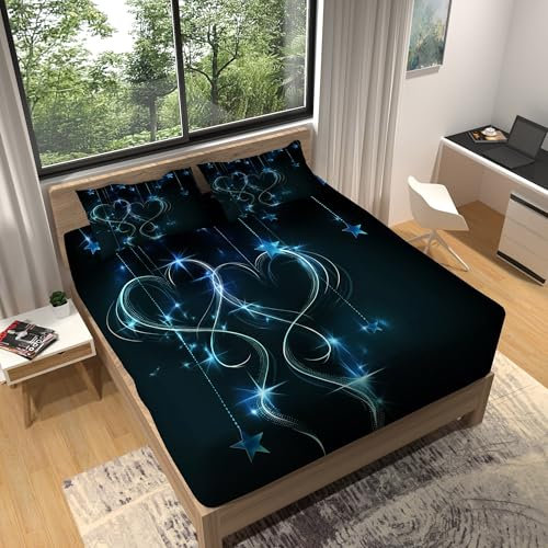 3D Spannbettlaken Set 160 x 200 cm - Weiches Mikrofaser Spannbetttuch Boxspringbetten Eleganz Glitzer Sterne Musterativ Spannbetttuch, für Matratze 30 cm Dunkelblau Spannbetttuch für Kinder