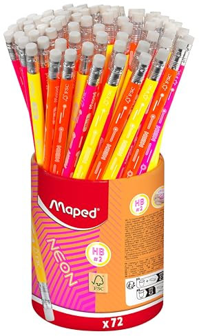 Maped - 72 Graphit-Bleistifte HB2 Neon - Bleistifte FSC HB Radiergummi - ergonomische Dreiecksform - robuste Mine