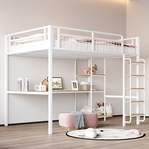 KecDuey Metall Hochbett, Kinderbett 140x200 cm, Sicherheitsleiter mit Treppenstufen, Doppelbett, Jungenbett mit Tisch und Regalen, Metallgitter-Sicherheitszaun Weiß