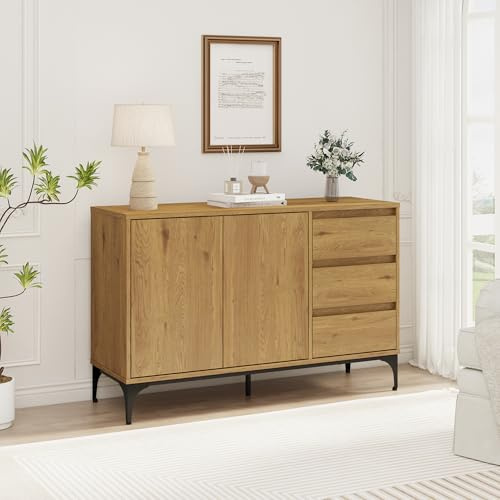 [en.casa] Sideboard Kistiandi Wohnzimmerschrank mit 2 Türen und 3 Schubladen Kommode Buffetschrank mit Verstellbarer Ablage 77 x 120 x 40 cm Eicheoptik, dunkel