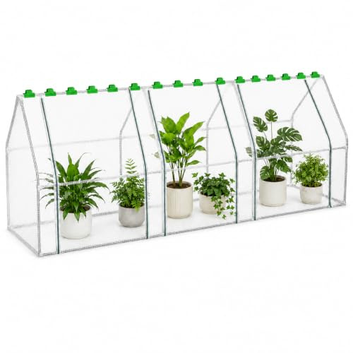 Mini invernadero de 270 x 90 x 90 cm con 3 puertas enrollables, lámina de polietileno, marco de metal, invernaderos de jardín Steepletop para balcones, terrazas, se utilizan verduras, sandías, batatas