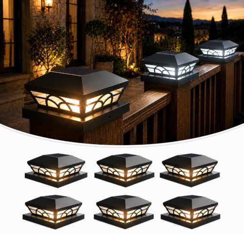 ILIKEPOW Solar Pfostenkappen, 2 Modi Solar Pfostenleuchte 9x9 10x10 13x13, Wasserdichte, Pfostenlampen für Holzpfosten, Terrasse, Garten, Zaun (Kaltweiß 6000K & Warmweiß 3000K) (Schwarz- 6 Stück)