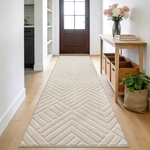 Enyhom Läufer Flur rutschfest 80x300 cm Langer Waschbar Teppichläufer Creme | Modern 3D Effekt Skandinavisch Lang Flurläufer Teppich für Küche Eingang Schlafzimmer Vorraum