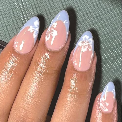 Ceboic 24Pcs Bleue Français Faux Ongles Amande Moyenne Fleurs Blanc Ongles à Coller Naturel Glossy Press on Nails Artificiels Acrylique Faux Ongles Autocollants pour Femmes et Filles Nail Art