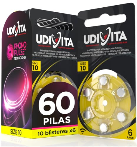 60 Batterien für Hörgeräte Udivita Größe 10 PR70 Lange Lebensdauer mit Phono Pulse Technologie - 10 Blister mit 6 Batterien