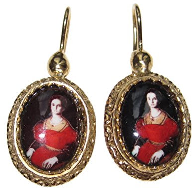 Aus Florenz: Ovale Ohrringe mit Portrait Bronzino-Gemälde Hänger Haken Silber vergoldet Retro Unikat Handarbeit Italien Vintage Museum speziell