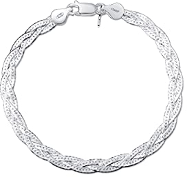Amberta Women's 925 Sterling Silver Braided Herringbone Chain Bracelet (Length 7.5 inch): Silver