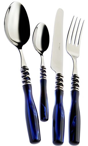 BUGATTI COUVERTS DE TABLE 75 PIECES ACIER INOX 18/10 ARIANNA NACRE MANCHE BLEU BAGUE ARGENT ANTIQUE