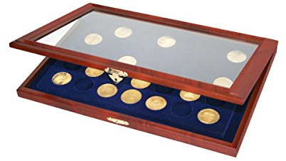 SAFE 5909 Holz Münzkasette für Münzen 35 mm | Münzkassette 35 Fächer Königsblaue Samteinlage | Für Münzen in Münzkapseln Innendurchmesser 27-27,5-28 - 29 mm | Abmessungen: 375x260x30 mm